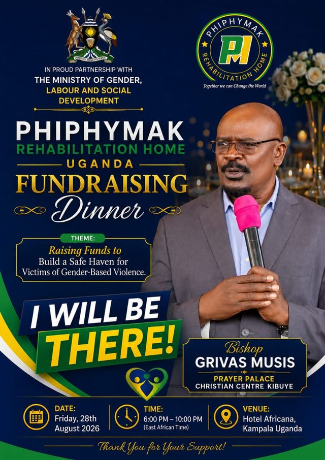 Fundraising Dinner advert featuring Bishop Grivas Musisi of Prayer Palace Christian Centre Kibuye